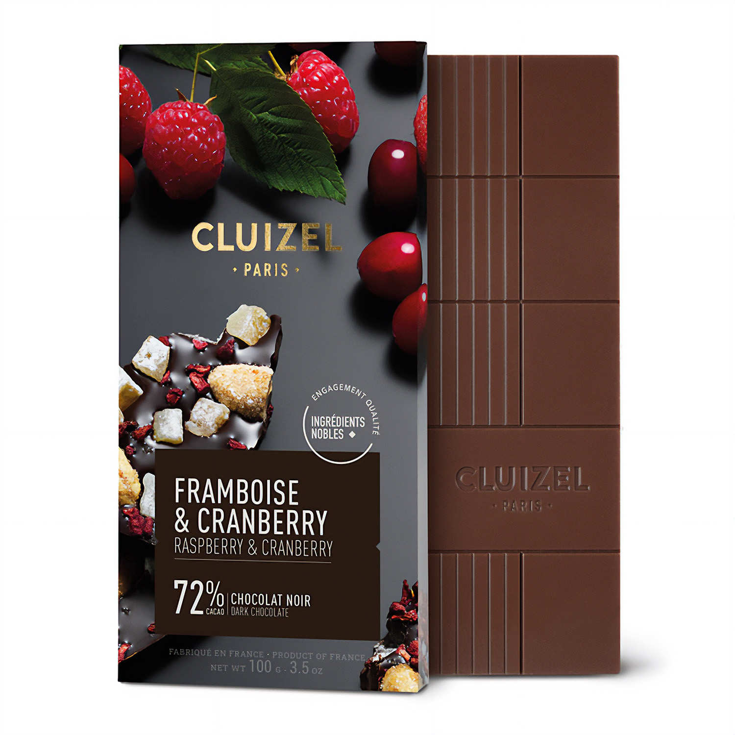 Tablette chocolat noir 72% framboise et cranberry