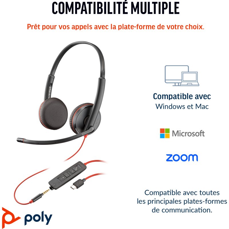 HP Poly Micro-casque stéréo USB-C Poly Blackwire 3225 + prise 3,5 mm + adaptateur USB-C/A (lot)