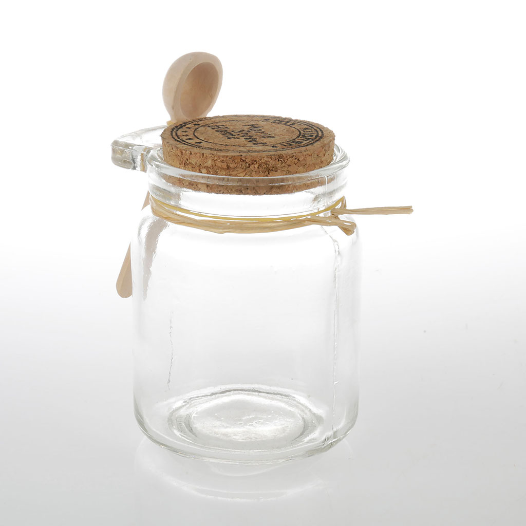 Pot verre avec couvercle liège et cuillère bois D 8x7cm