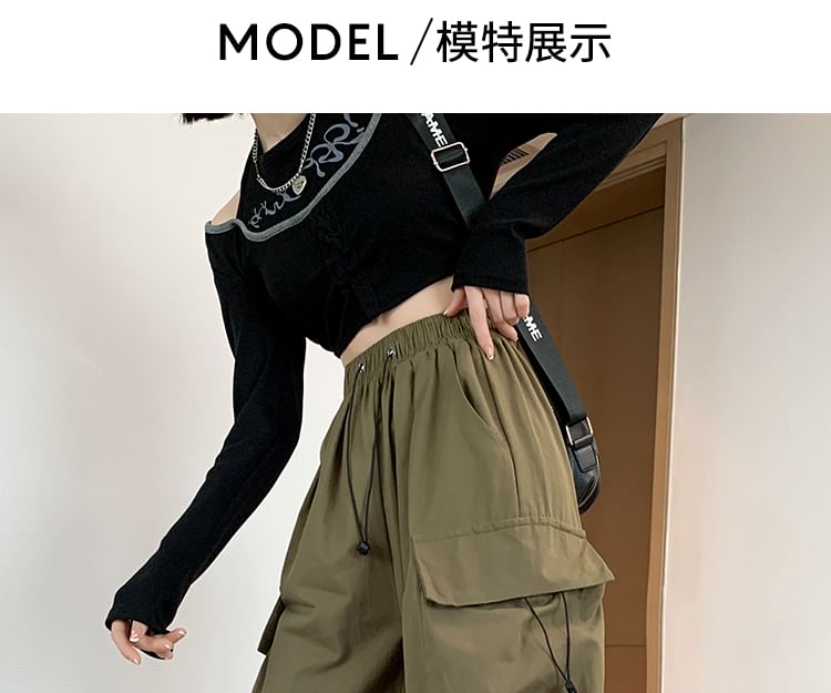 Secolo - Hoge taille, effen, baggy cargobroek met trekkoord