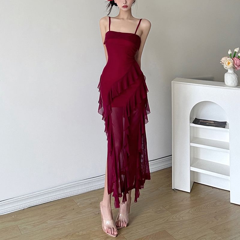 Sugarcoat - Spaghettibandjes, effen, geplooide mesh maxi-jurk met split