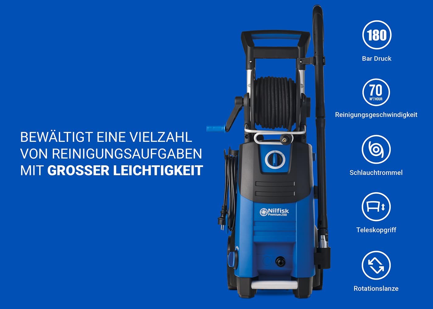 Nilfisk Premium 200 Bar Hochdruckreiniger - Leistungsstarker Hochdruckreiniger Für Terrassen, Werkstätten und Autos (3300 W)