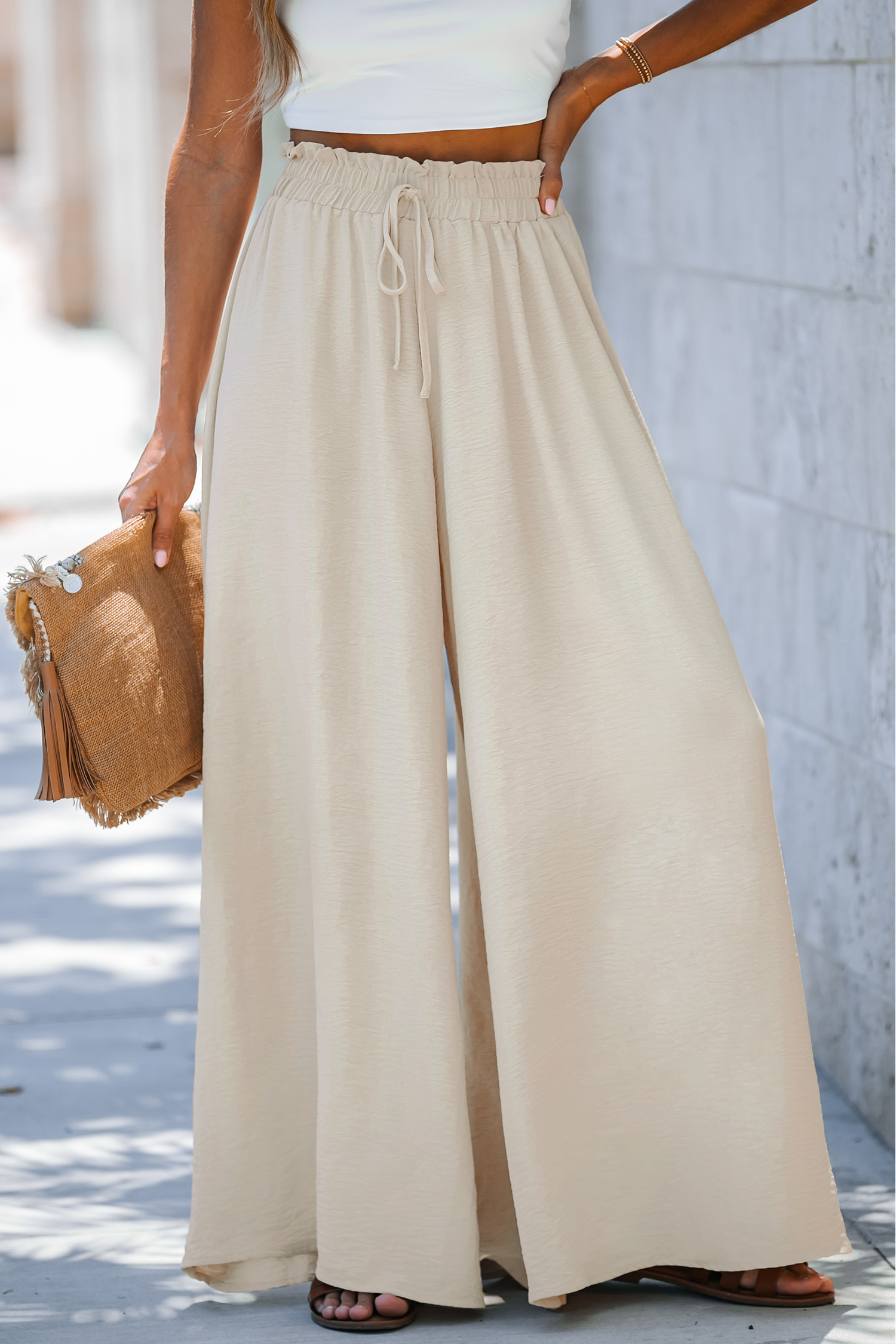 Pantalon taille froncée abricot à cordon