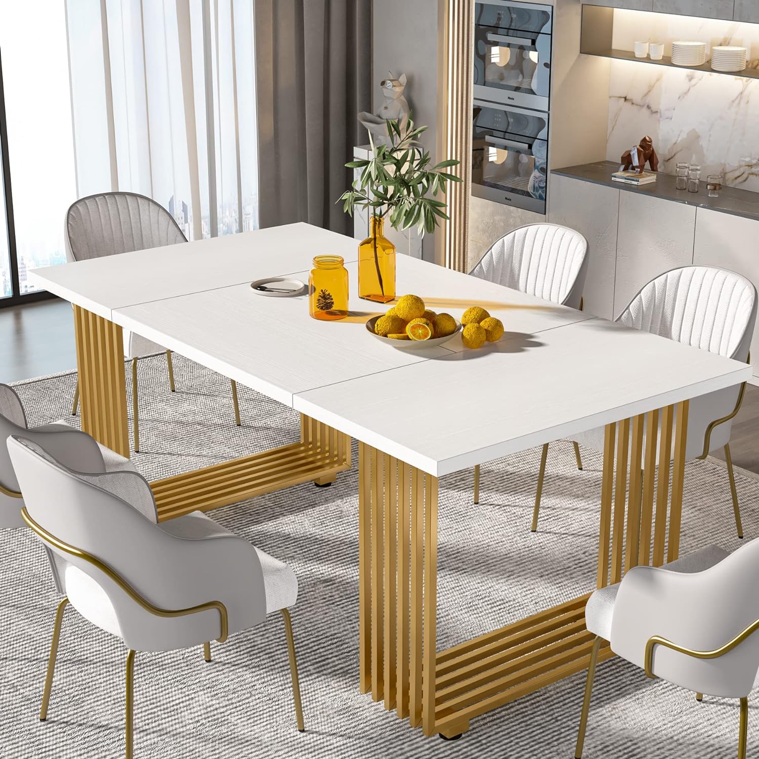 Tribesigns Esstisch für 8 Personen, 180x80 cm, Moderner Küchentisch in Weiß und Gold, Rechteckiger Dining Table für Esszimmer, Küche und Garten, Robust und Kratzfest