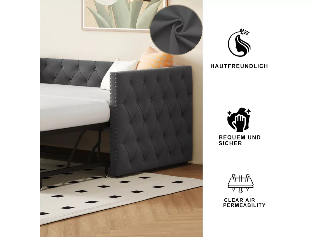 Lit gigogne 90/180 x 200 cm avec tête de lit - Velours doux - sommier à lattes - gris foncé (sans matelas)