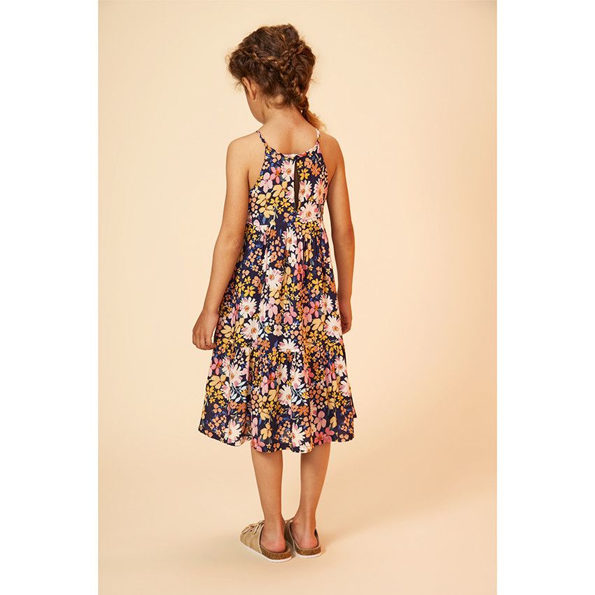 Robe longue en voile imprimé fleuri pour fille - Bleu marine