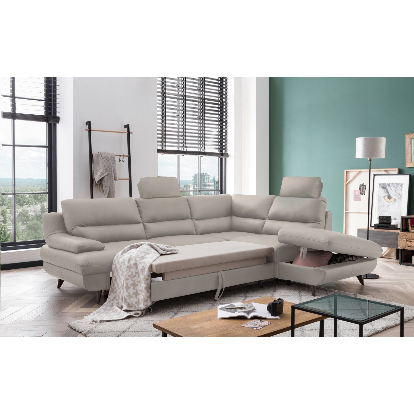 Ecksofa Pike Leder, Ottomane rechts hellgrau