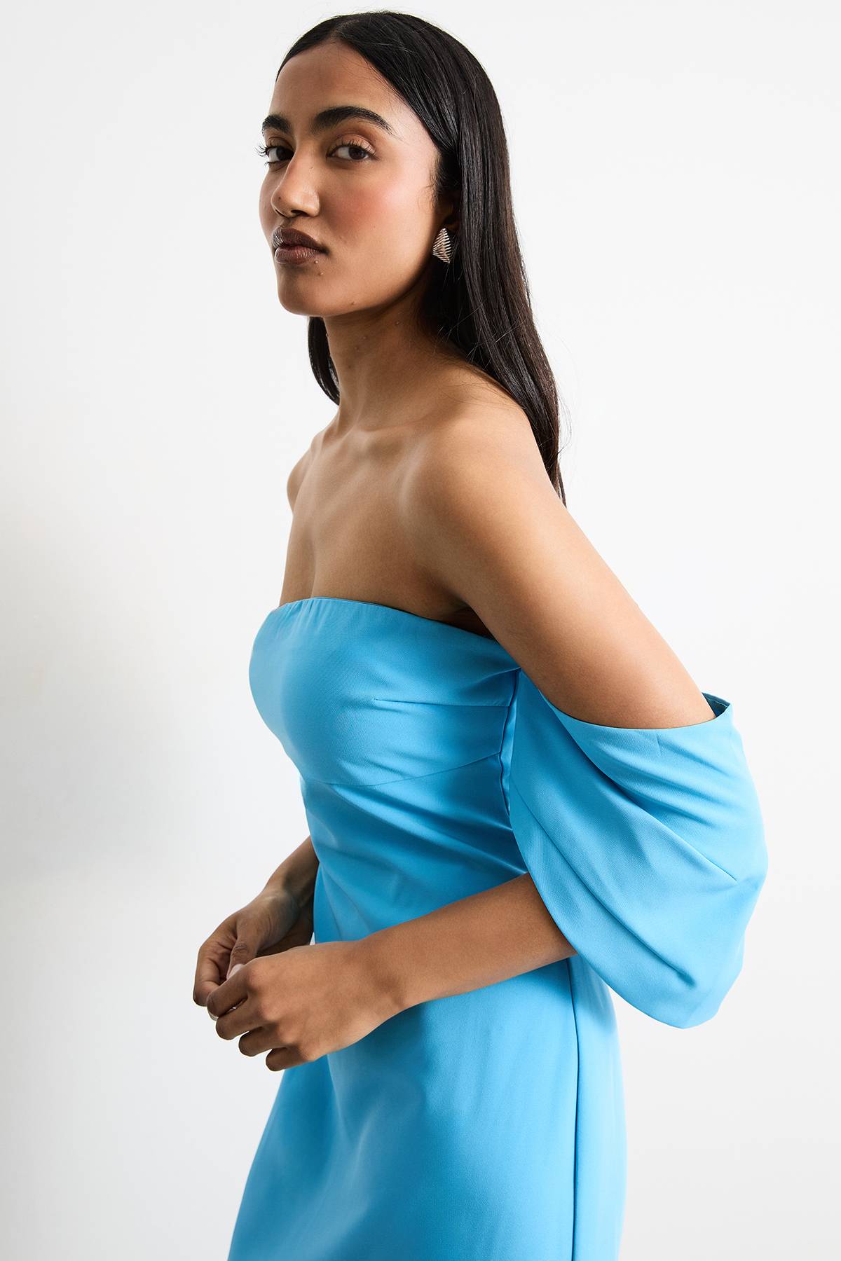 Warehouse Robe Midi Colonne Bardot en Crêpe Stretch