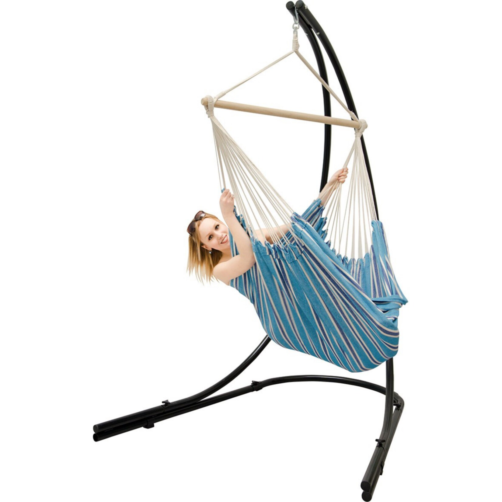 Freistehendes Stahl-Hängestuhlgestell 210cm inkl. XXL Hängesessel aus Baumwolle mit Swivel 185x130cm
