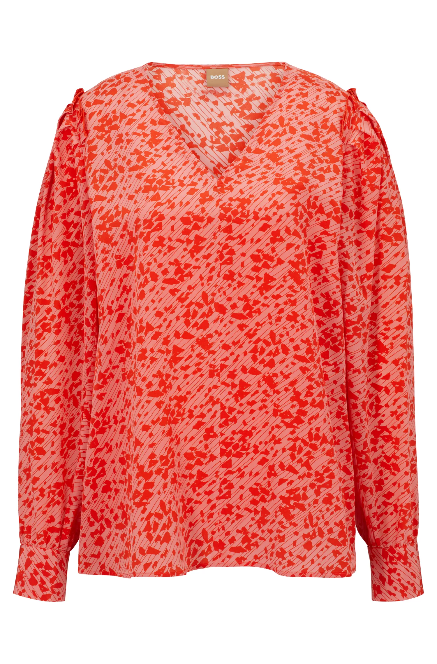 Blusa BOSS preta com decote em V em seda estampada.