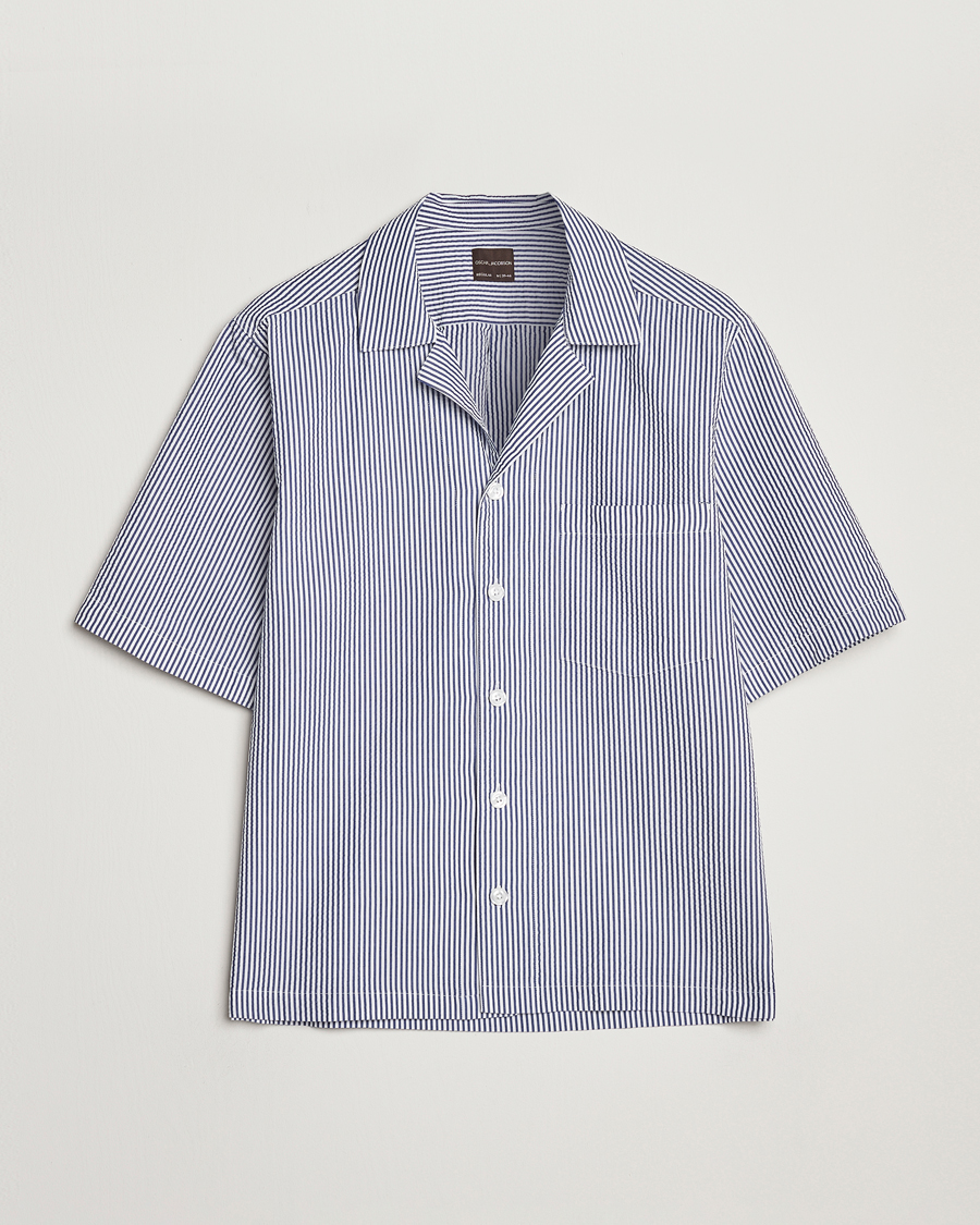Oscar Jacobson Cuban Short Sleeve Seersucker Shirt Blue/White