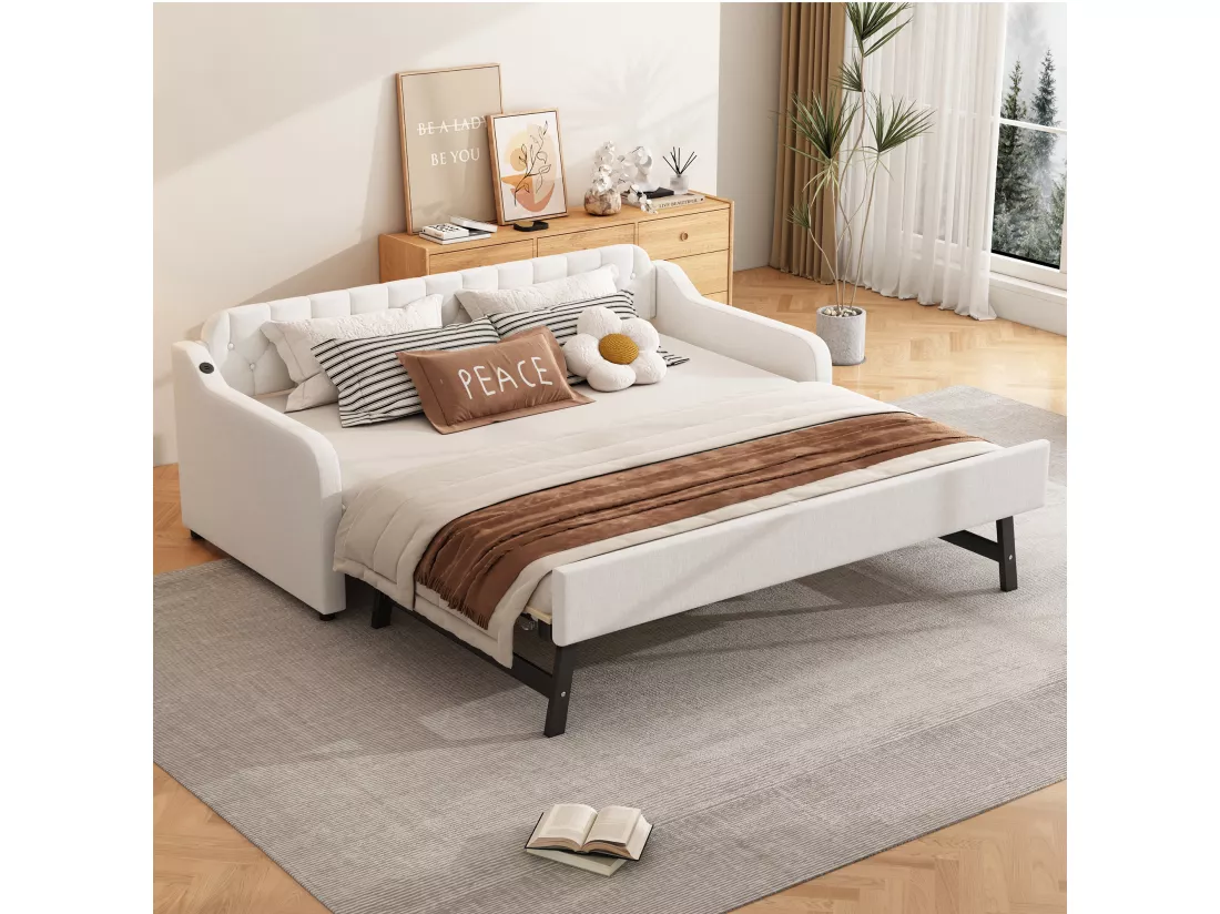 Lit gigogne 90/180x200cm, canapé lit extensible, méridienne avec port USB, sans matelas, beige