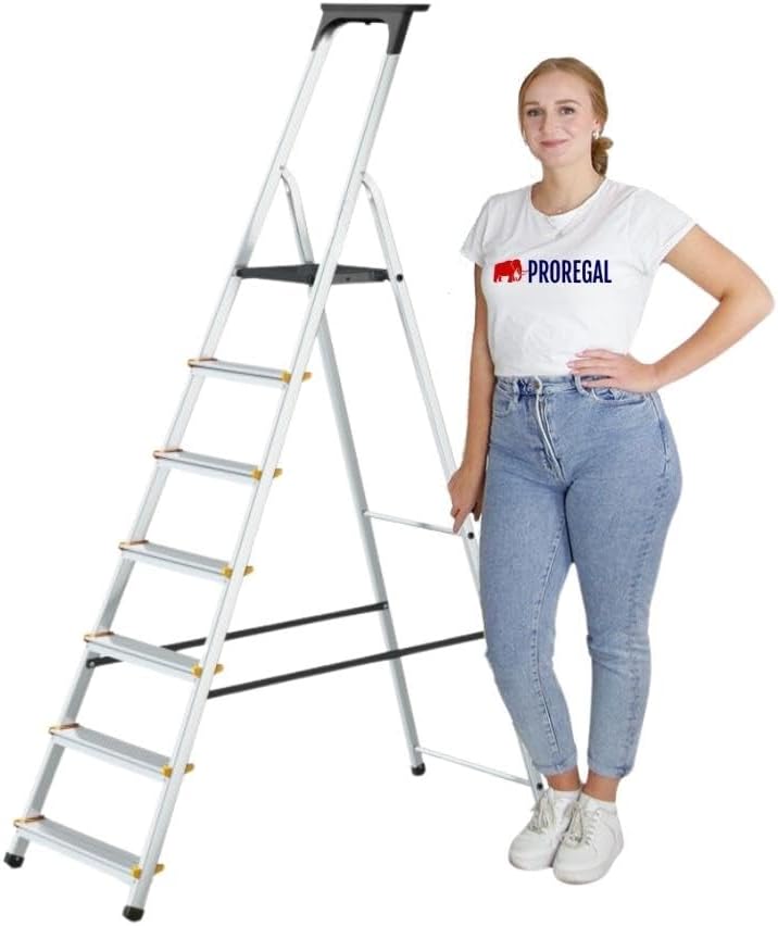 PROREGAL Trapladder met gereedschapsplank Economy Basic Enkelzijdige toegang 7 treden Werkhoogte 3,40 m Draagvermogen 150 kg