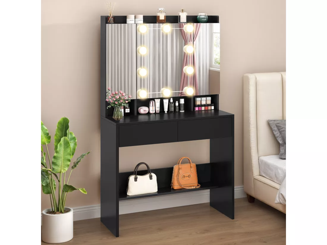 YITAHOME Coiffeuse avec Miroir - 3 Couleurs avec Luminosité Réglable - Coiffeuse avec Étagères pour Maquillage - 2 tiroirs - Noir