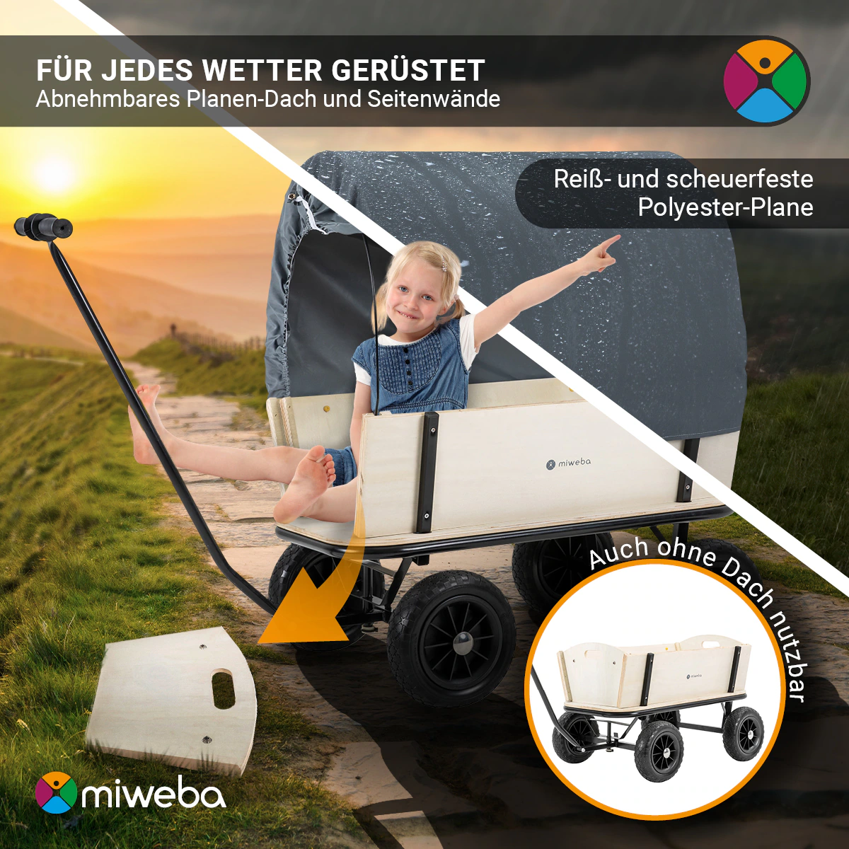Miweba Holz-Bollerwagen Canvas, mit Dach, deichselgeführte Lenkachse, 180 kg, Profilreifen, Stahl
