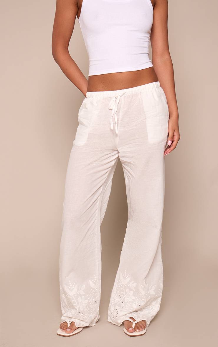Blanc Pantalon Droit À Cordon Avec Détails Broderie