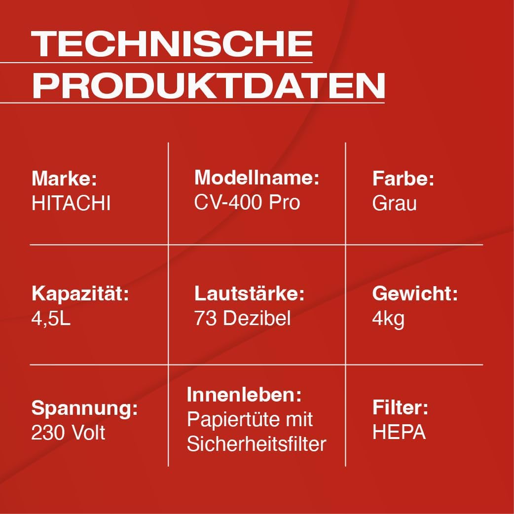 HITACHI Staubsauger CV-400P PRO + Beutel + HEPA Filter 4,5L - Profi Bodenstaubsauger 880W leise 74 dB, 13m Radius, Teppichdüse & Zubehör, Gewerbesauger Haushalt & Industrie - beutellos nutzbar (Grau)