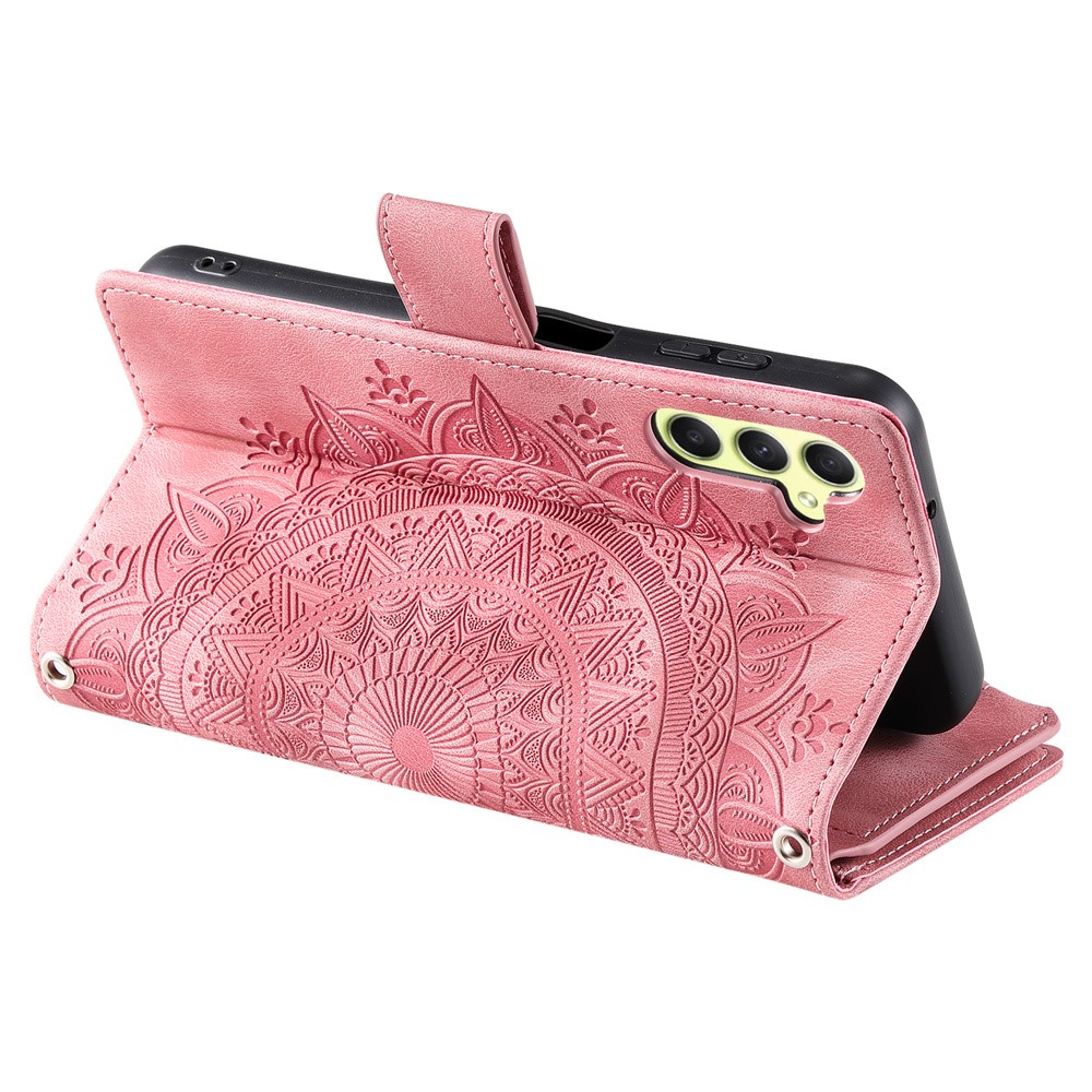 Samsung Galaxy A55 Leder Tasche Flip Cover mit Reissverschluss - Mandala Flowers Imprint - Rosa