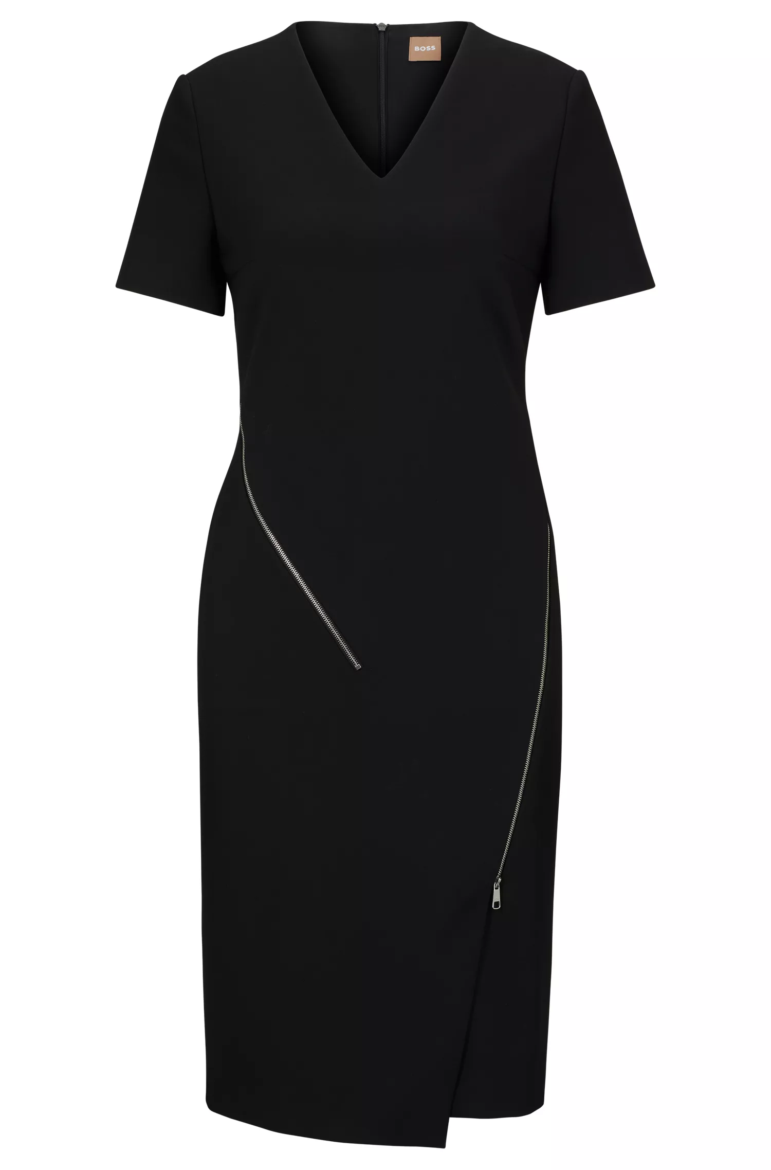 Vestido preto BOSS com decote em V e detalhes em zíper.