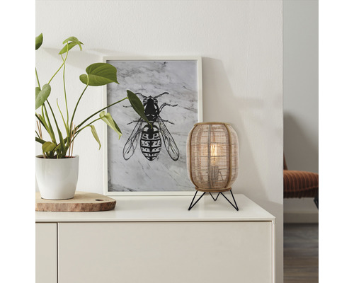 Tafellamp, 1-lichts, HxØ 32x22 cm, schuin design, zwart/naturel, met kabelschakelaar