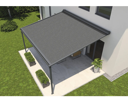 SOLUNA Pergola met stoffen dak 4x3, stoffen dessin S3581, frame RAL 7016 antracietgrijs, aandrijving links inclusief motor, wandschakelaar (wandmontage)