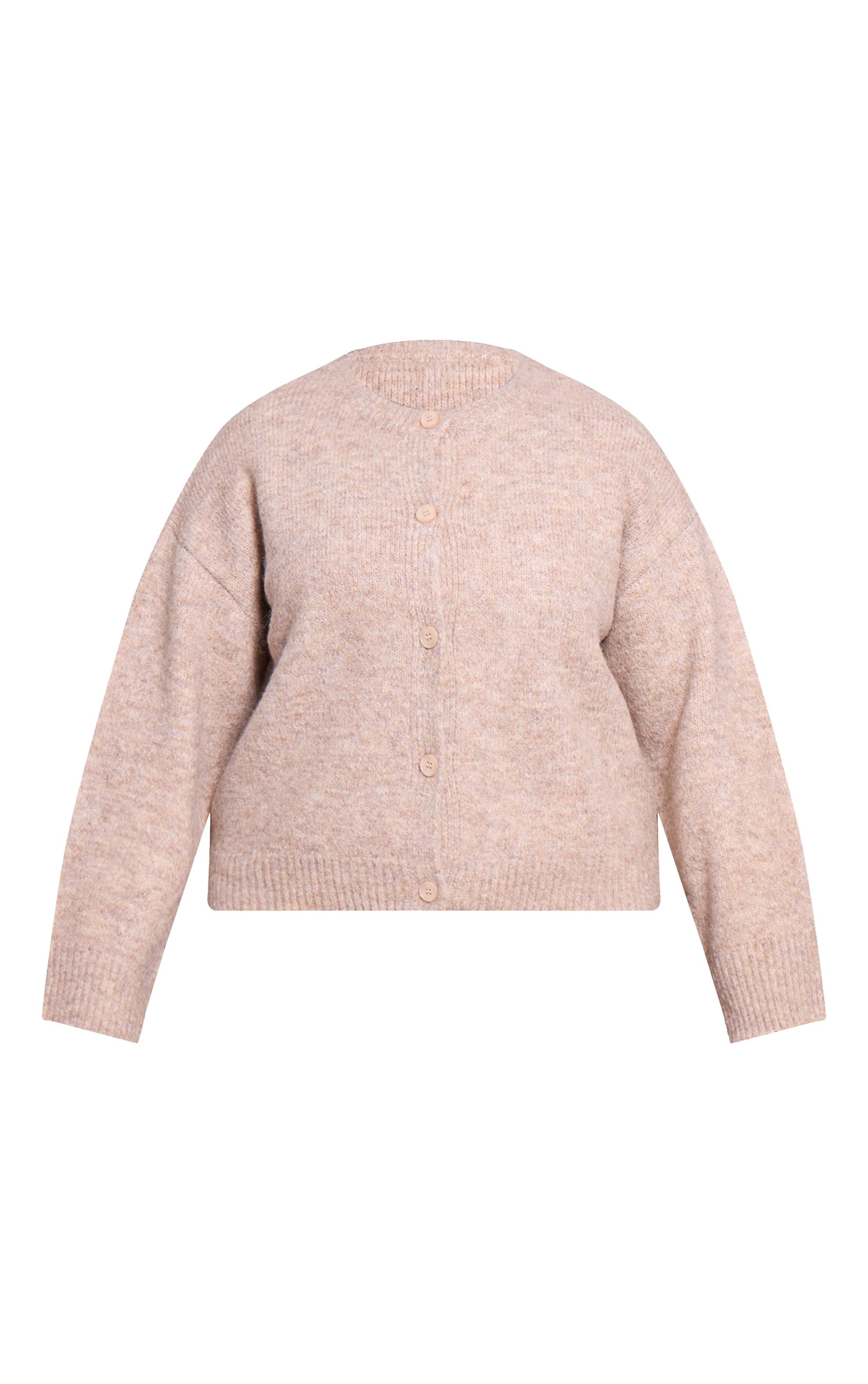 Taupe Gilet Grande Taille Col Rond À Détails Oversize Et Maille Brossée