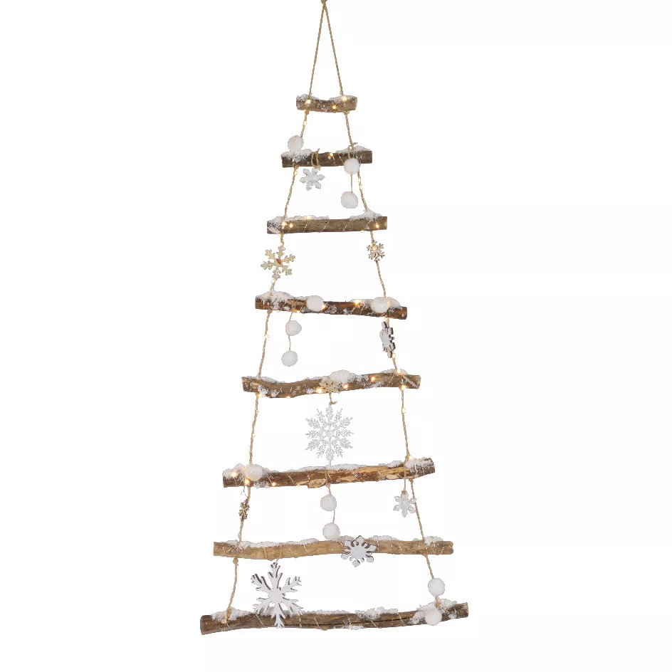 Sapin à suspendre en bois illuminé à piles (H100 cm) Flocons Blanc chaud