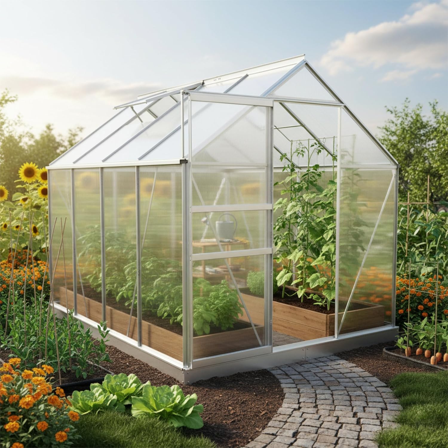 Zelsius Aluminium Gewächshaus 250 x 190 cm | 4 mm Hohlkammerplatten, UV-beständig, Winterfest | Treibhaus, Pflanzenhaus, Tomatenhaus, Frühbeet, Anbau Gewächshaus, Tomatengewächshaus, Gartenhaus