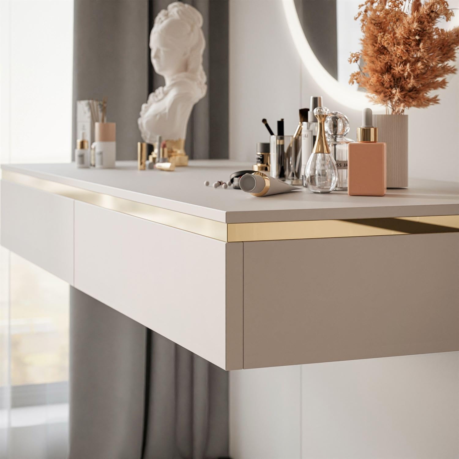 Lookway Hängender Schminktisch Aurora Kaschmir Matt mit Goldener Dekorleiste – optional mit LED-Spiegel, eleganter Wandtisch für Schlafzimmer & Wohnzimmer (ohne Spiegel)