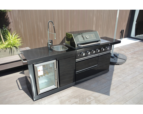 Buschbeck Cambridge 4-pits gasbarbecue/buitenkeuken met zijbrander en achterbrander, zwart, inclusief opbergplank, dekselthermometer, vetopvangbak, zijplank, bedieningsknoppen met ledverlichting en grillrooster van gietijzer.