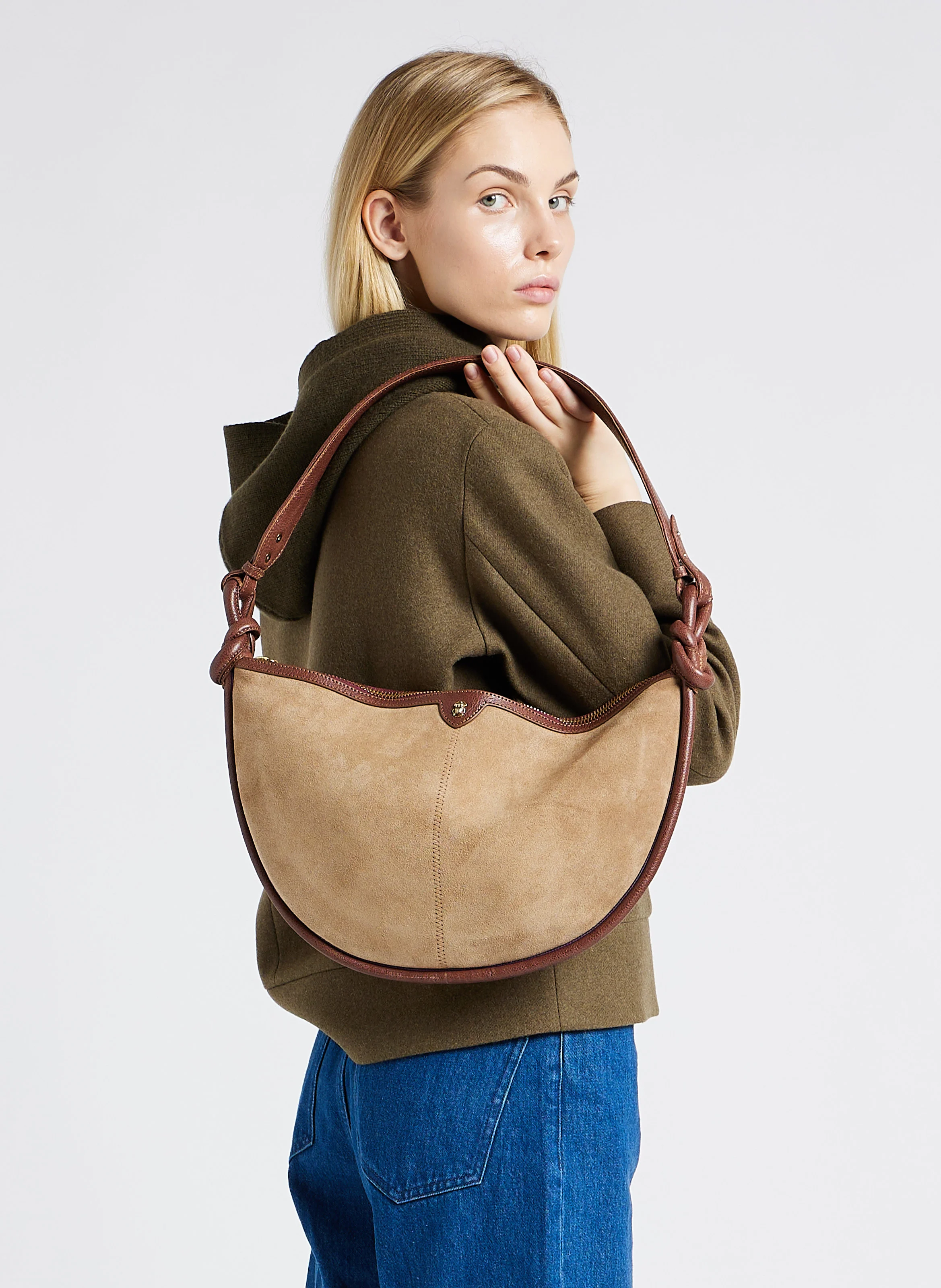CHRIS - Sac demi-lune en cuir velours | Beige