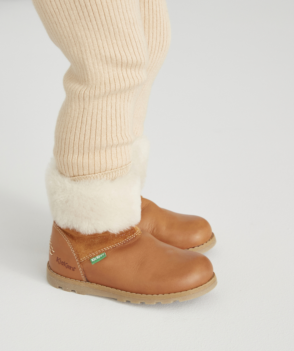 KICKERSBOTTINES BÉBÉ FILLE EN CUIR CAMEL BRILLANT ET FOURRURE