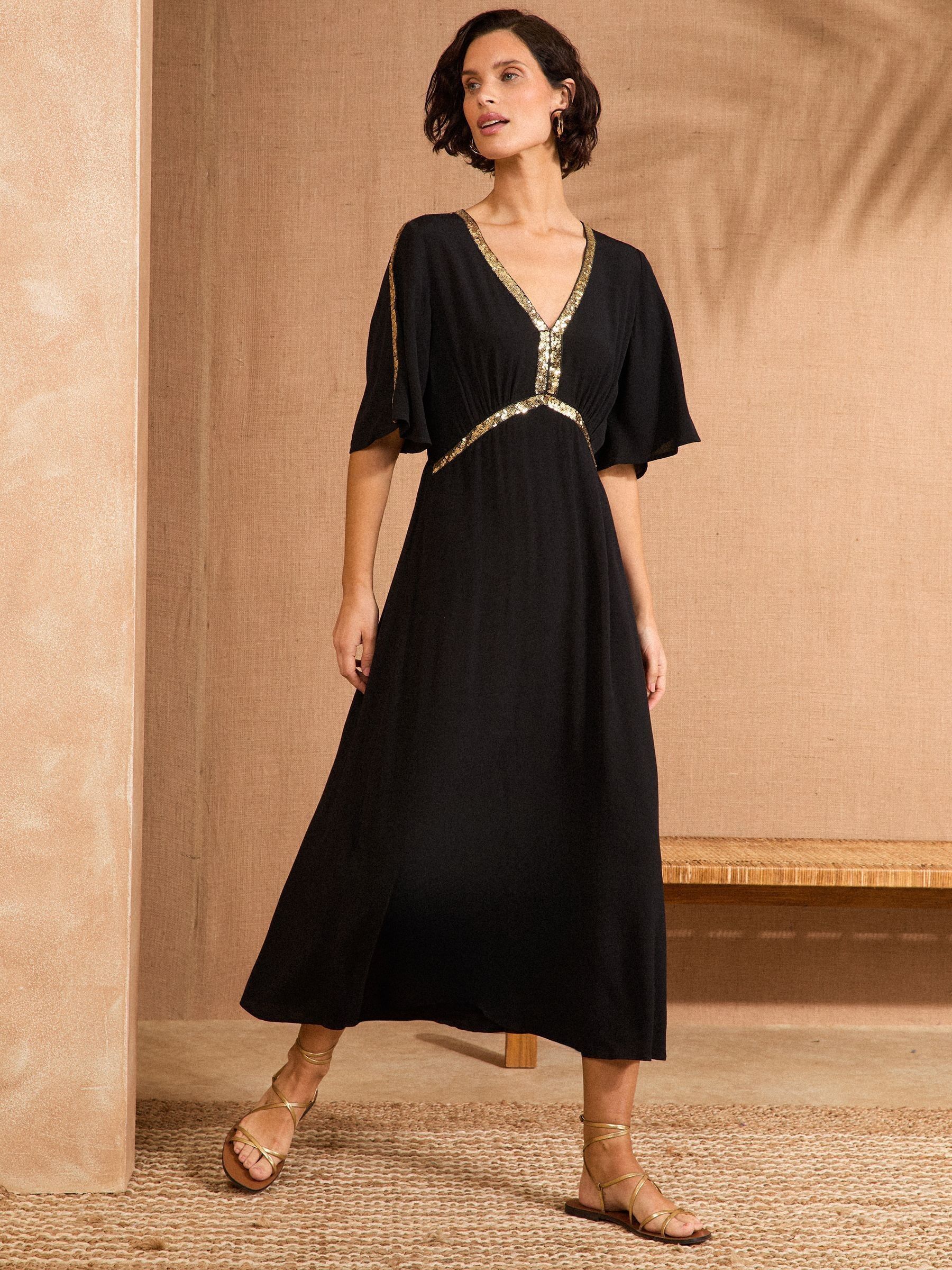 Zwart - Love & Roses midi-jurk met pailletten en engelmouwen