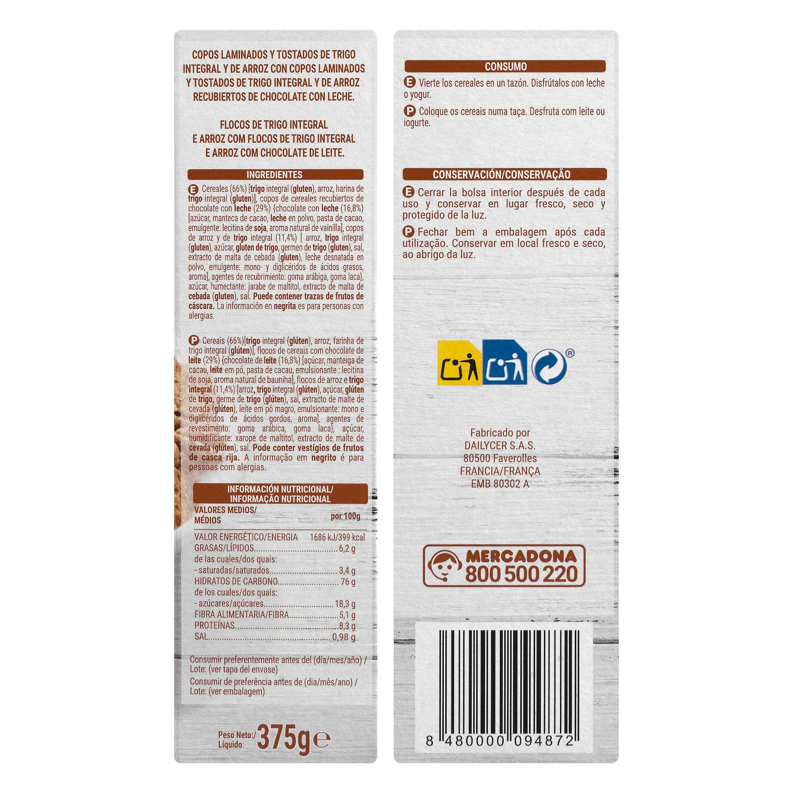Flocons de blé entier et de riz Hacendado enrobés de chocolat au lait