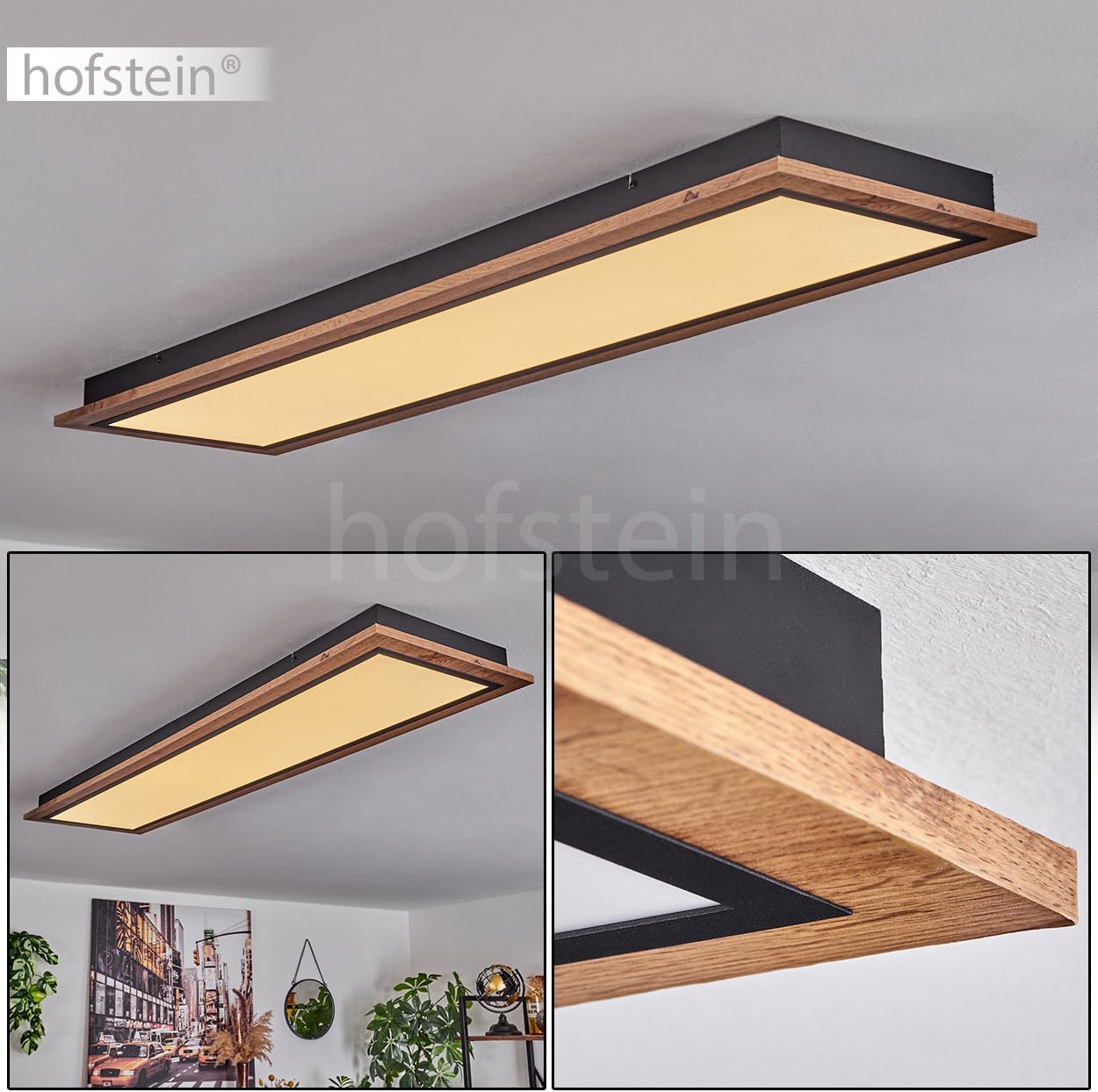 LED Deckenleuchte Salmi, moderne Deckenlampe aus Metall/MDF/Kunststoff in Schwarz/Holzoptik/Braun/Weiß, rechteckige Leuchte (120 cm x 30 cm), 4000 Lumen, 3000 Kelvin, LED 36 Watt
