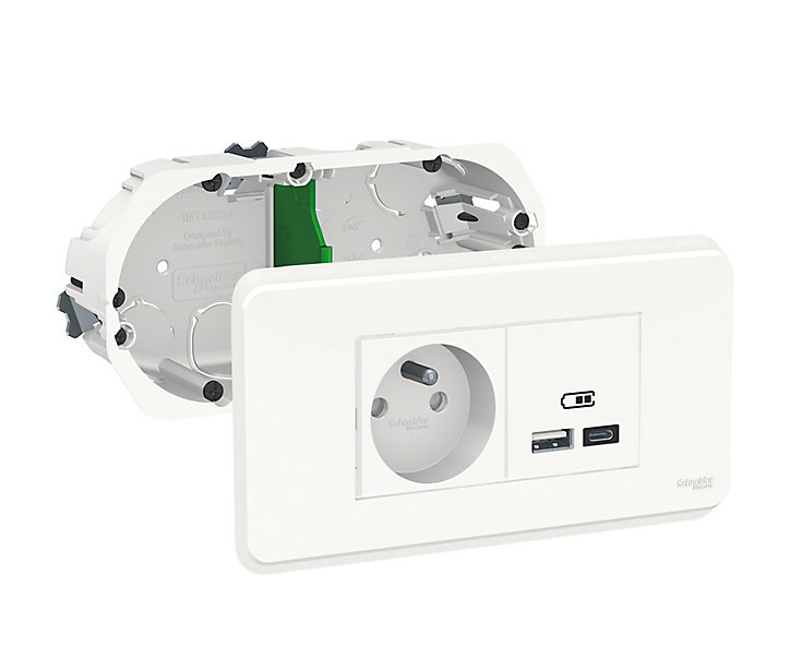 Bloc prise avec terre et prise chargeur 2 usb A+C Schneider Electric Unica Pro blanc