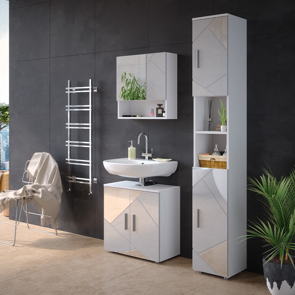 Vicco Badmöbelset mit Dekospiegeln Irma Weiß Hochglanz modern Badezimmerschrank Badschrank Badezimmermöbel Waschtischunterschrank Spiegelschrank Hochschrank Schranktür Schrankfach Schrankschublade