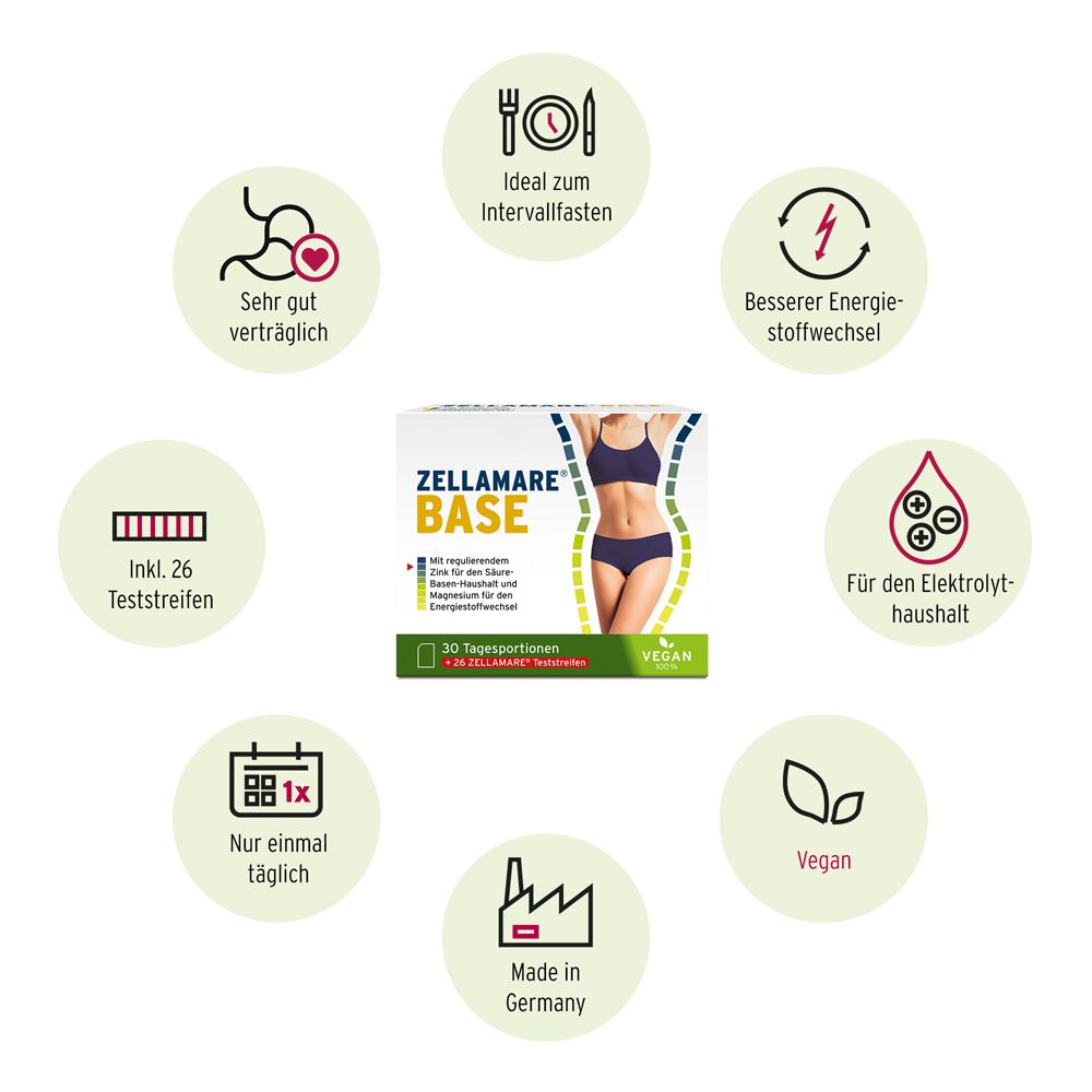 ZELLAMARE BASE + Teststreifen - für Intervall-Fasten, Säure-Basen-Haushalt + Stoffwechsel, VEGAN, glutenfrei