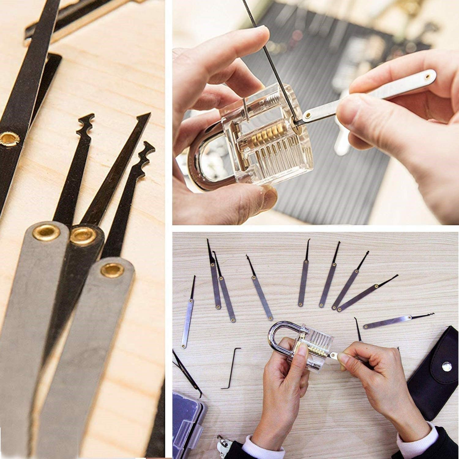 (18-tlg. Set) Dietrich Lockpicking Set mit Übungsschloss und Edelstahl Spannköpfen / Dietriche - Grau