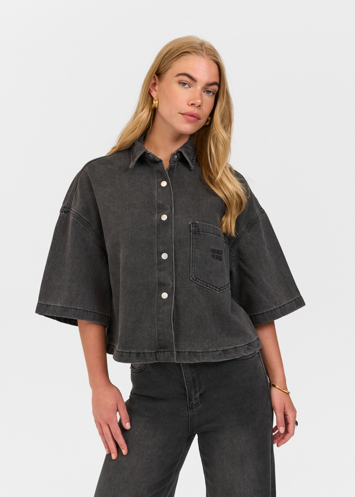 Denim blouse korte mouw iron zwart