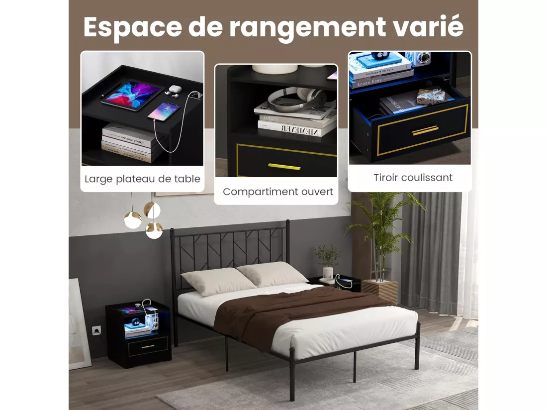 Table de Chevet LED avec 1 Port USB et 1 Port type-C, Table de Nuit Lumineuse 3 Couleurs Réglables avec Compartiment, Capteur Intelligent, 45 x 40 x 50 cm (1, Noir)