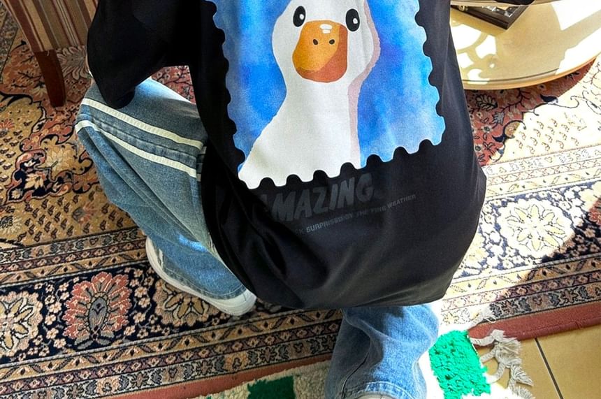 SeoulPop - T-shirt met korte mouwen en eendenprint en losse pasvorm