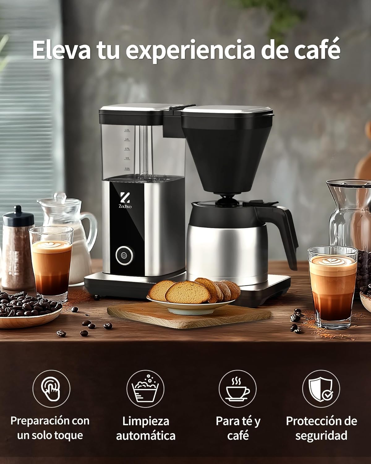 Filterkaffeemaschine mit 1,25L Thermoskanne, 4,5 Min. Schnellbrühung, 92°C PID-Temperaturkontrolle, 30s Tropfstopp, Wiederverwendbarer Filter, Automatische Reinigung, Edelstahl-Design