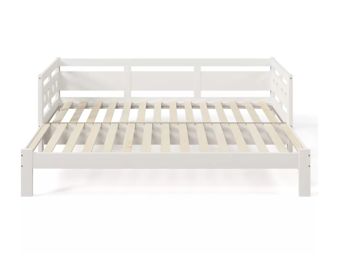 Lit gigogne 90 x 190 cm - bois massif - cadre enroulable - motif coeur - blanc