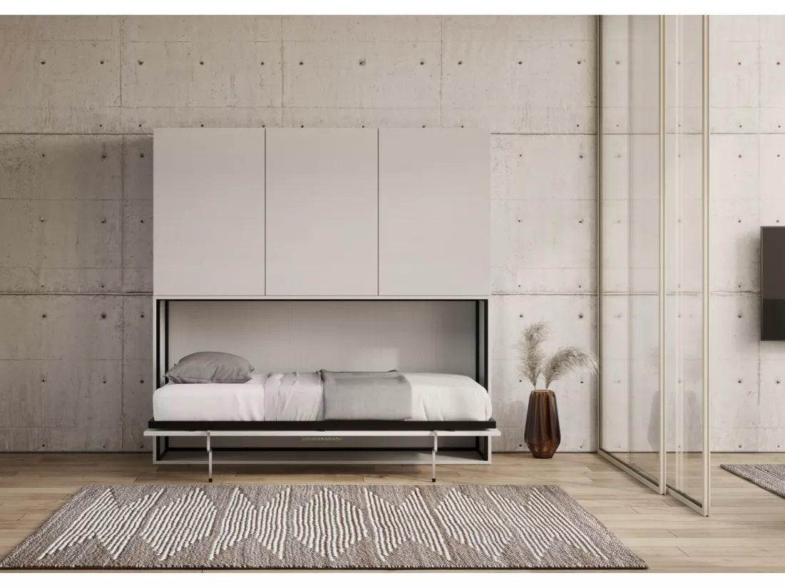 Lit escamotable horizontal blanc Bounto 85x185 avec rangement et bibliothèque composition D-1 matelas 85x185