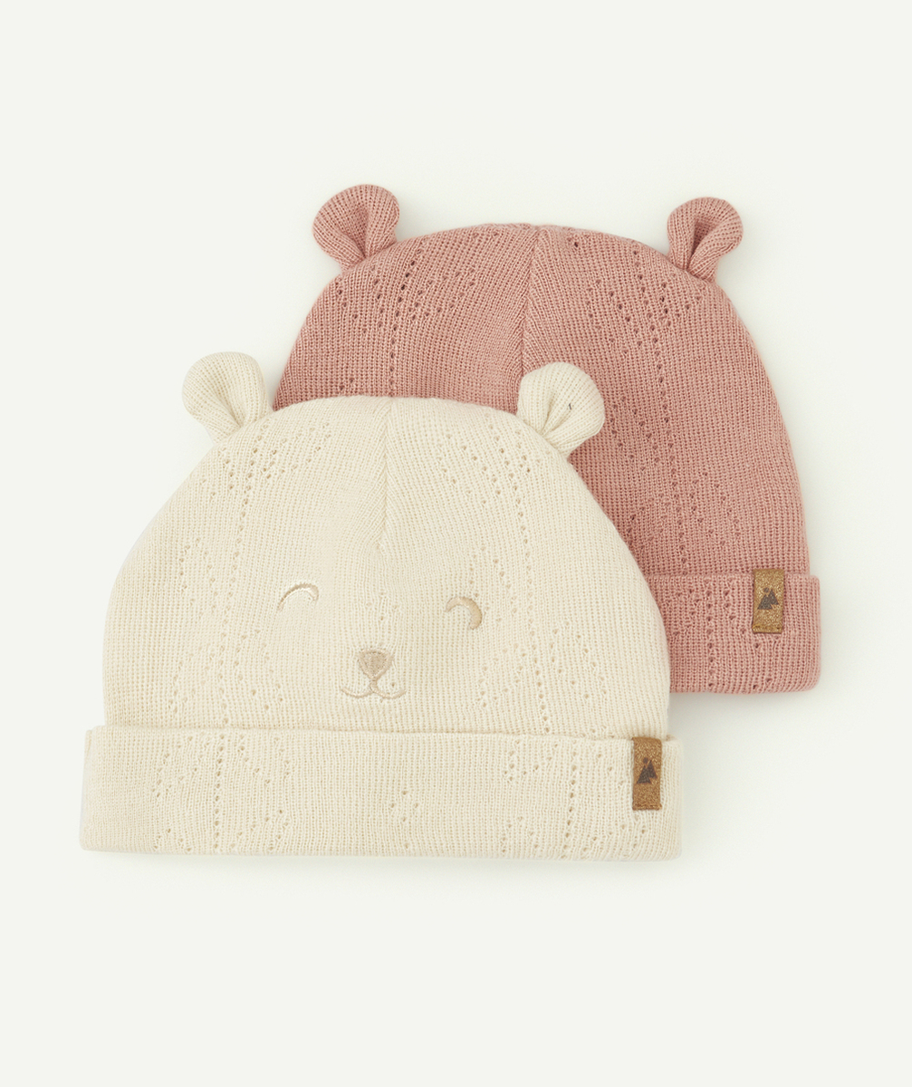 LOT DE 2 BONNETS BÉBÉ FILLE EN MAILLE AJOURÉE ROSE ET BEIGE