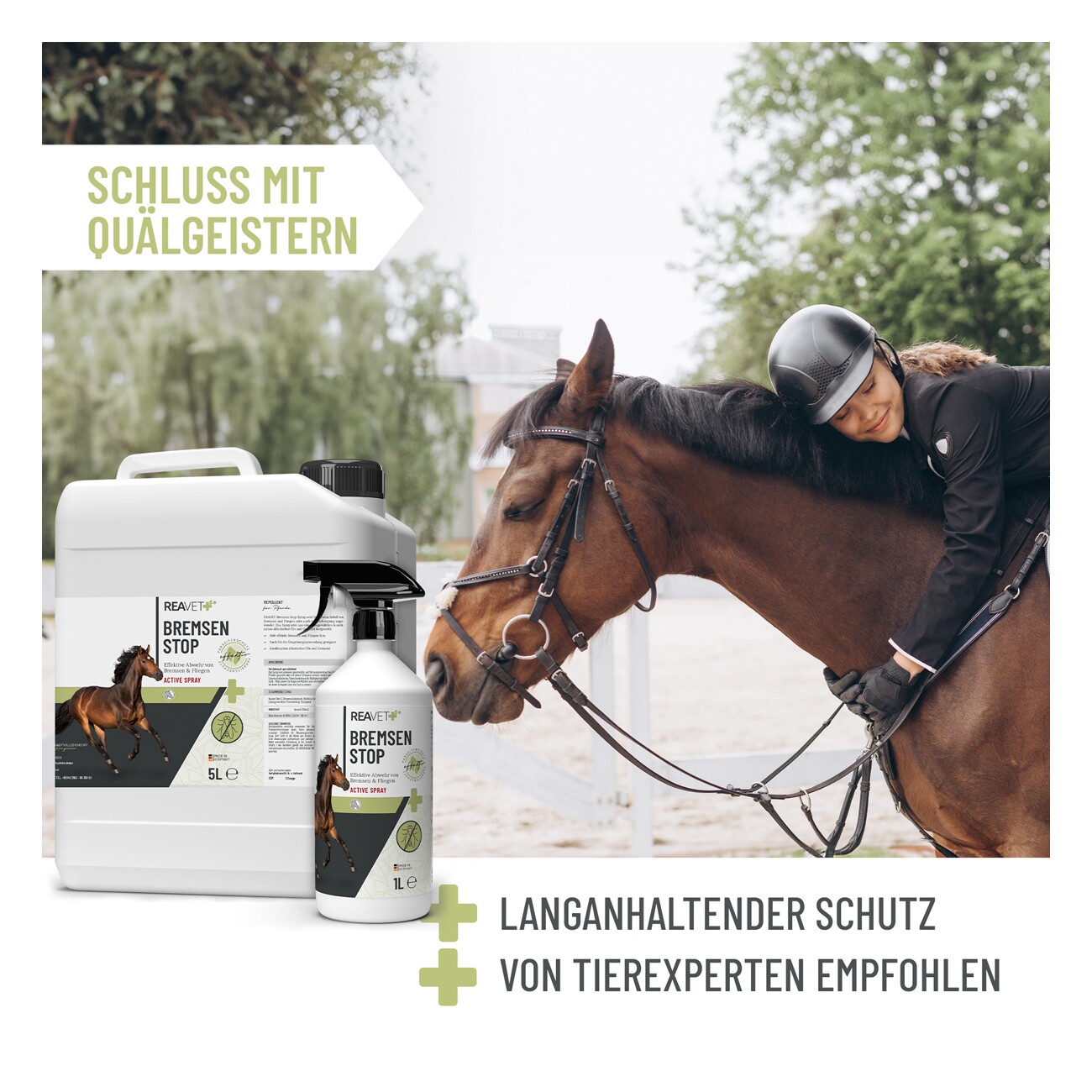 REAVET Bremsen Stop für Pferde | 6L XL Set Kanister mit Sprühflasche