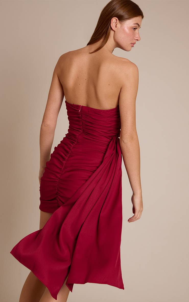 Rouge Bordeaux Robe Courte Drapée Froncée À Bandeau En Tissu Tissé
