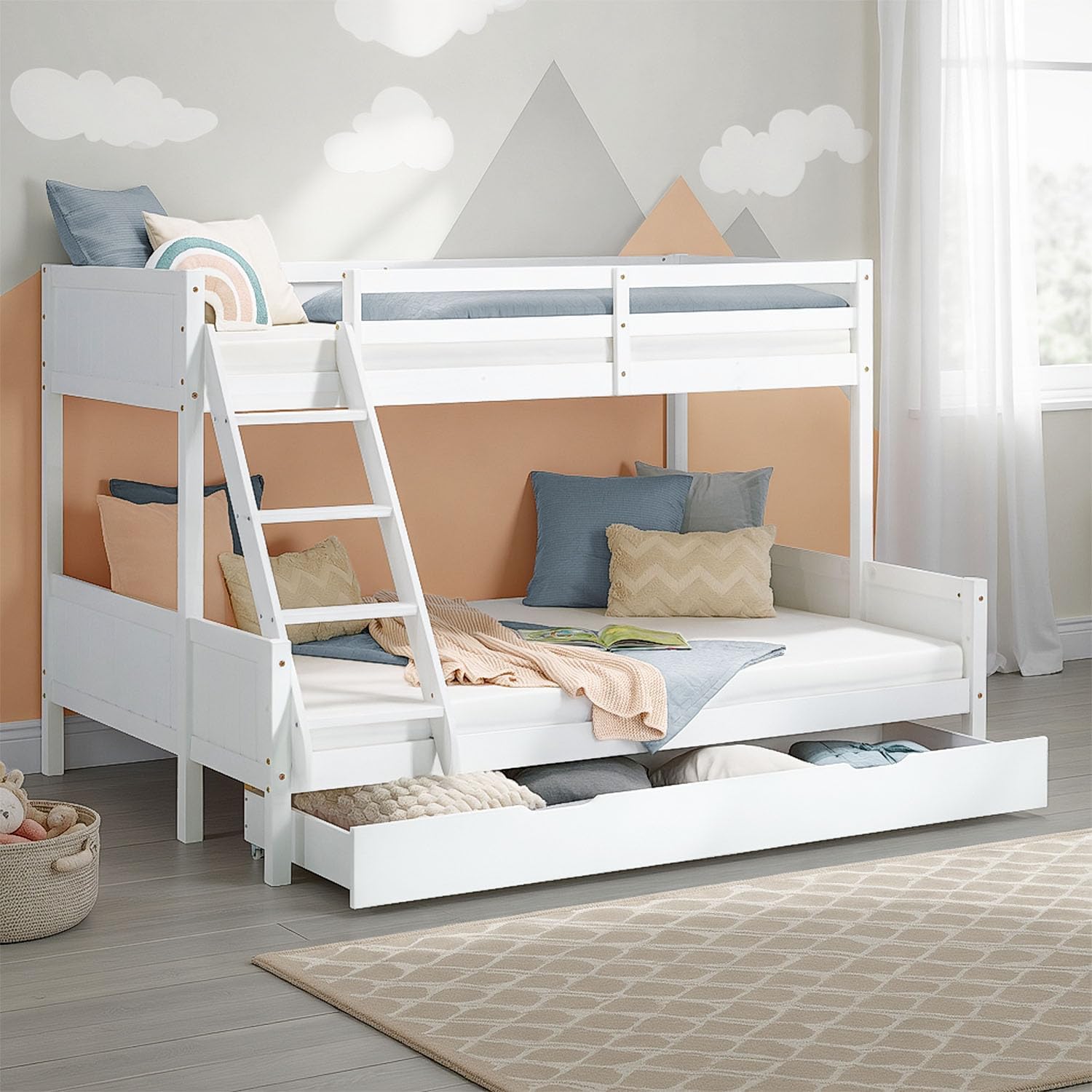 Homestyle4u Kinderbett mit Bettkasten Etagenbett 90x200 und 140x200 cm Weiß Holz Hochbett Doppelstockbett Kinder | Artikel 2723