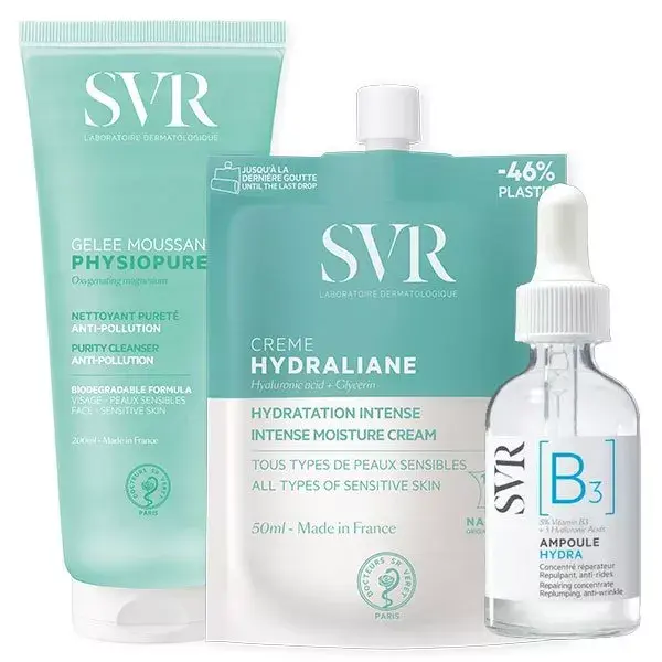 Rotina de Hidratação SVR, Gel Espumante Physiopure, Ampola B3, Creme Hydraliane
